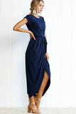 Asymmetric Hem Plain Short Sleeve Maxi Dresses