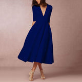 Sexy Deep V-Neck Solid Midi Skater Dress