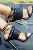 AZMODO Black Embossed Ankle Wrap Heel Sandals Black color