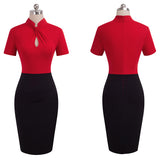Vintage Contrast Color Patchwork Wear to Work Knot vestidos Bodycon Office Business Sheath Women Dress