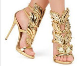 Strappy Stiletto Heel Dress Sandals hollow heel with colored leaf