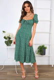 Summer Vintage Party Dress Square Collar Ruffle Elegant Sexy Dress Beach Female Green Mid Dresses Vestidos