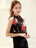 Floral Print Stand Collar Sleeveless Women's Blouse