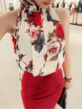 Floral Print Stand Collar Sleeveless Women's Blouse