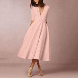Sexy Deep V-Neck Solid Midi Skater Dress