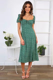 Summer Vintage Party Dress Square Collar Ruffle Elegant Sexy Dress Beach Female Green Mid Dresses Vestidos