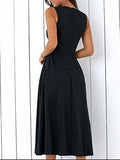Black Sleveless Pockets Women's Day Dress