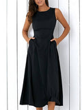 Black Sleveless Pockets Women's Day Dress