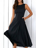 Black Sleveless Pockets Women's Day Dress