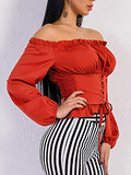 Lace-Up Tight Waist Slash Neck Women's Blouse
