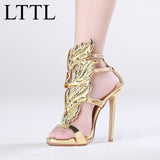 Strappy Stiletto Heel Dress Sandals hollow heel with colored leaf
