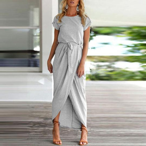 Asymmetric Hem Plain Short Sleeve Maxi Dresses