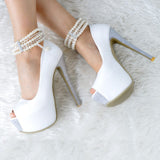 White Pearl Ankle Strap High Stiletto Heels