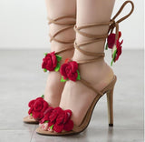 Sandals Red Roses Cross Lace High-Heeled Female Shoes