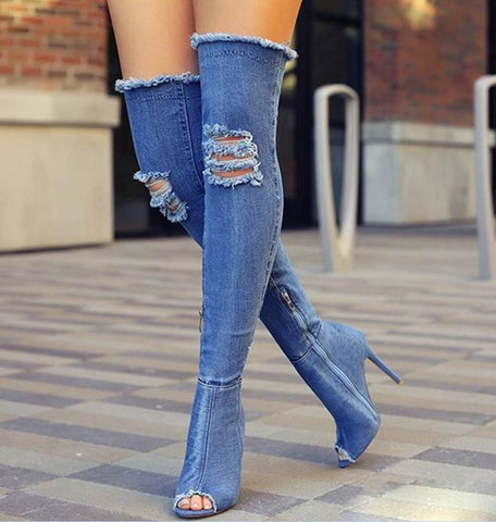 Denim Over the Knee Boots Peep Toe Pumps Woman Thigh Knee High heel Boots Shoes Plus Size my927-3GZ