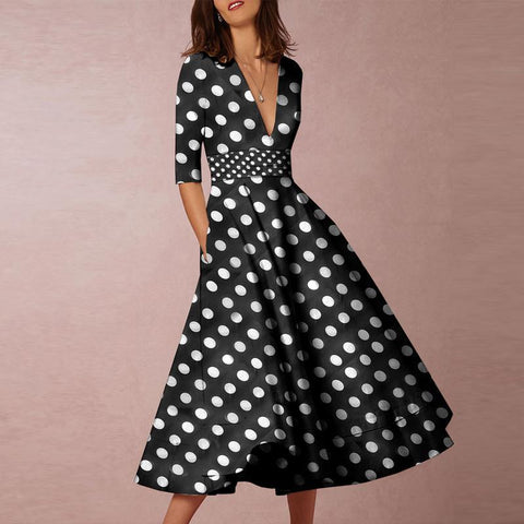 V-Neck Polka Dot Printed Casual Dresses