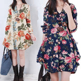 Spring large size women's V-neck loose cotton long-sleeved long temperament dress