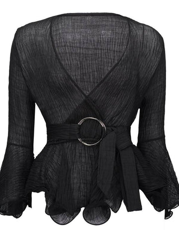 Belt Plunge Neck Flare Sleeve Peplum Women's Blouse