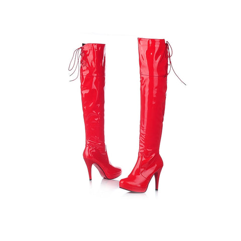 azmodo  Patent Leather Lace up Zipper Knee High Boots