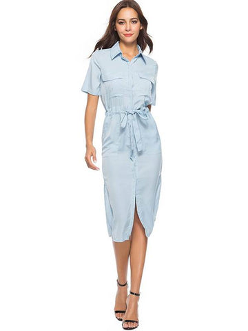 azmodo Short Sleeve Lace-Up Split Casual Shirt Dress