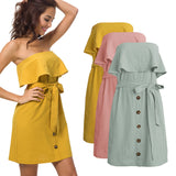 Cotton and linen skirt Ruffled wrapped chest dress