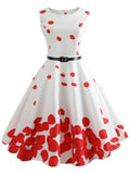 azmodo Round Neck Sleeveless Belt Waist Prints Day Dress