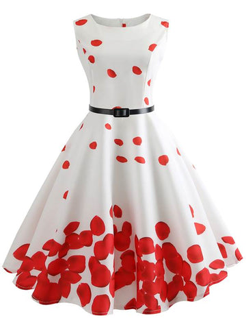 azmodo Round Neck Sleeveless Belt Waist Prints Day Dress