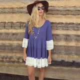 Women's round necksuit lace stitching loose large swing skirt