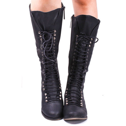 azmodo  Lace-Up Vintage Mid Calf Boots