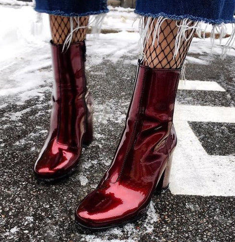 Women Ankle Boots Fashion Patent Leather Round Toe Short Boot Autumn Zip Block Heel Shoes Female Party Shoes Ladies Boots