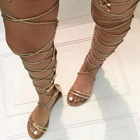 AZMODO Lace-Up High Shaft Golden Gladiator Sandals