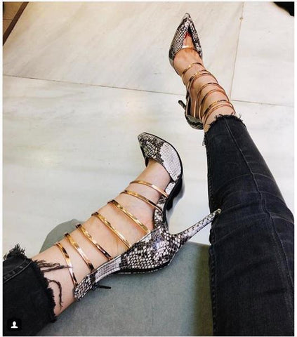 azmodo 2019 Spring New Rome Style Snake Pattern Sandals Europe Large Size Stiletto High Heel Sandals Women's Straps shoes