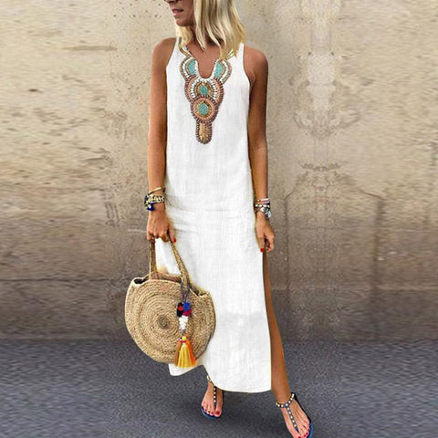 Sexy Side Split V Neck Printed Sleeveless Casual Dresses