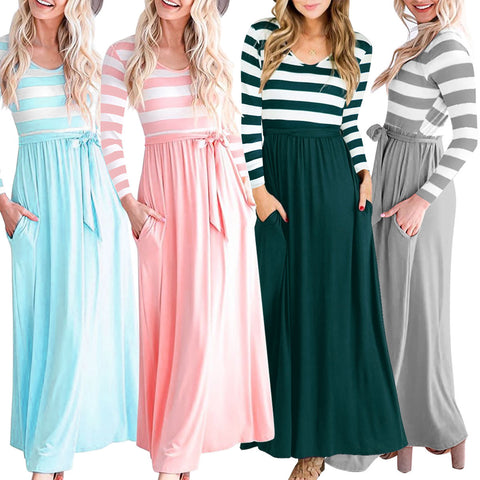 Autumn and winter models women's dress round neck striped stitching dress
