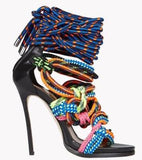 Colorblocked rope strap high heel sandals wild hit color leather women's shoes