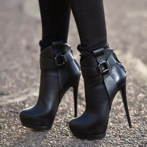 azmodo Black Patchwork Buckle Extreme High Heel Ankle Boots