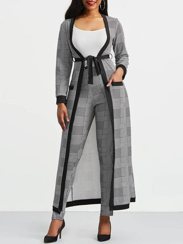 Houndstooth Long Sleeve Trench Coat and Pants Women's Three Piece Set