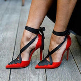 Women Red Lace-Up Pointed Toe Ankle Wrap Stiletto Heels