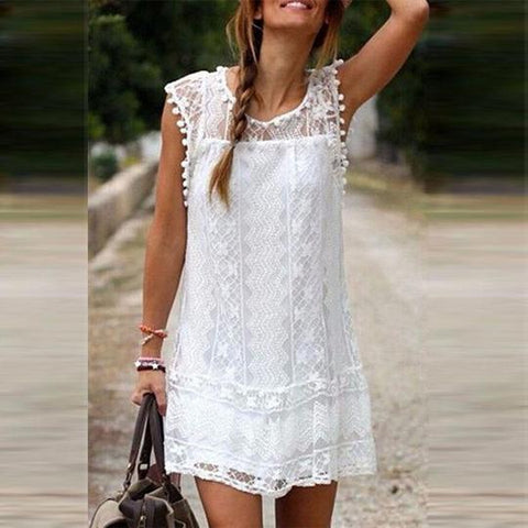 Round Neck Tassel Lace Plain Casual Dresses