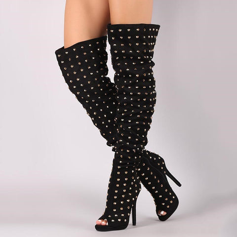 azmodo Peep Toe Hollow Rivet Thigh High Boots