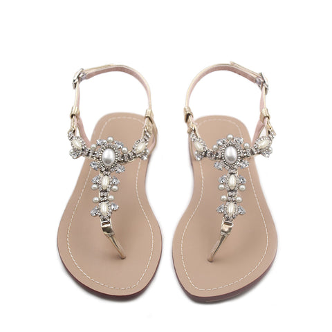 Flat Sandals with Rhinestones for Women Flip Flop Wedding Gladiator Shoes Gold Color Y14