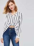 OL Pleated Stripe V-Neck Women's Blouse