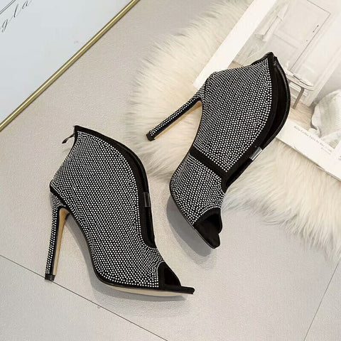 azmodo 2019 hot sale sexy women's ladies shoes Rhinestone V-Shape ankle boots fashion thin high heels peep toed party woman boots