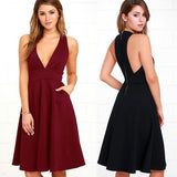 Women's Dress V Sleeveless Waist Double Pocket Swing Skirt