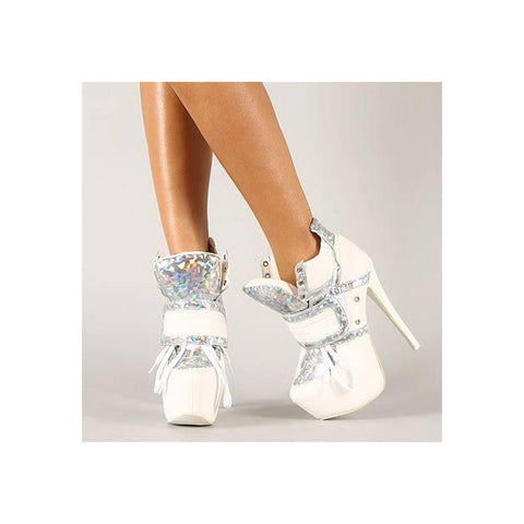 azmodo  Coo White Glossy Patchwork Platform Awesome Booties