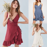 Sexy V-neck Ruffle Strap Skirt Irregular Dress