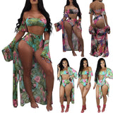 Women's Sexy Three Pieces Tops Bottoms and Floral Cover up Summer Beach Bikini Set Swimsuit