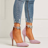 azmodo Purple Pointed Toe Rhinestone Line-Style Buckle Stiletto Heels