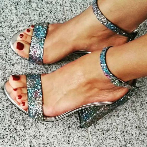 Glittering womens high heels sandals for summer flock buckle chunky heel multicolor fashion party dress ladies shoes sandalias