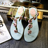 Blue Flower Leaves Rhinestone Flip-Flop Flat Heel 4292